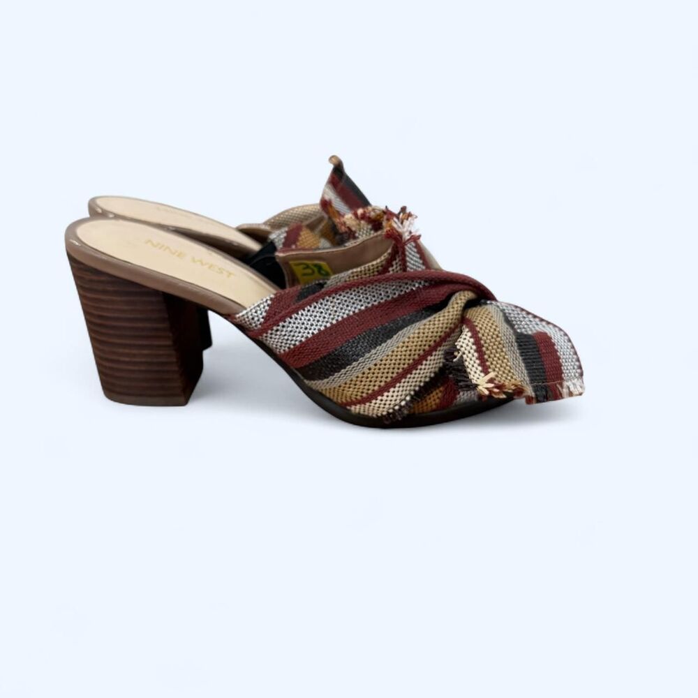 Striped Woven Fabric Knotted Bow Block Heel Open Toe Mule Slide Sandals